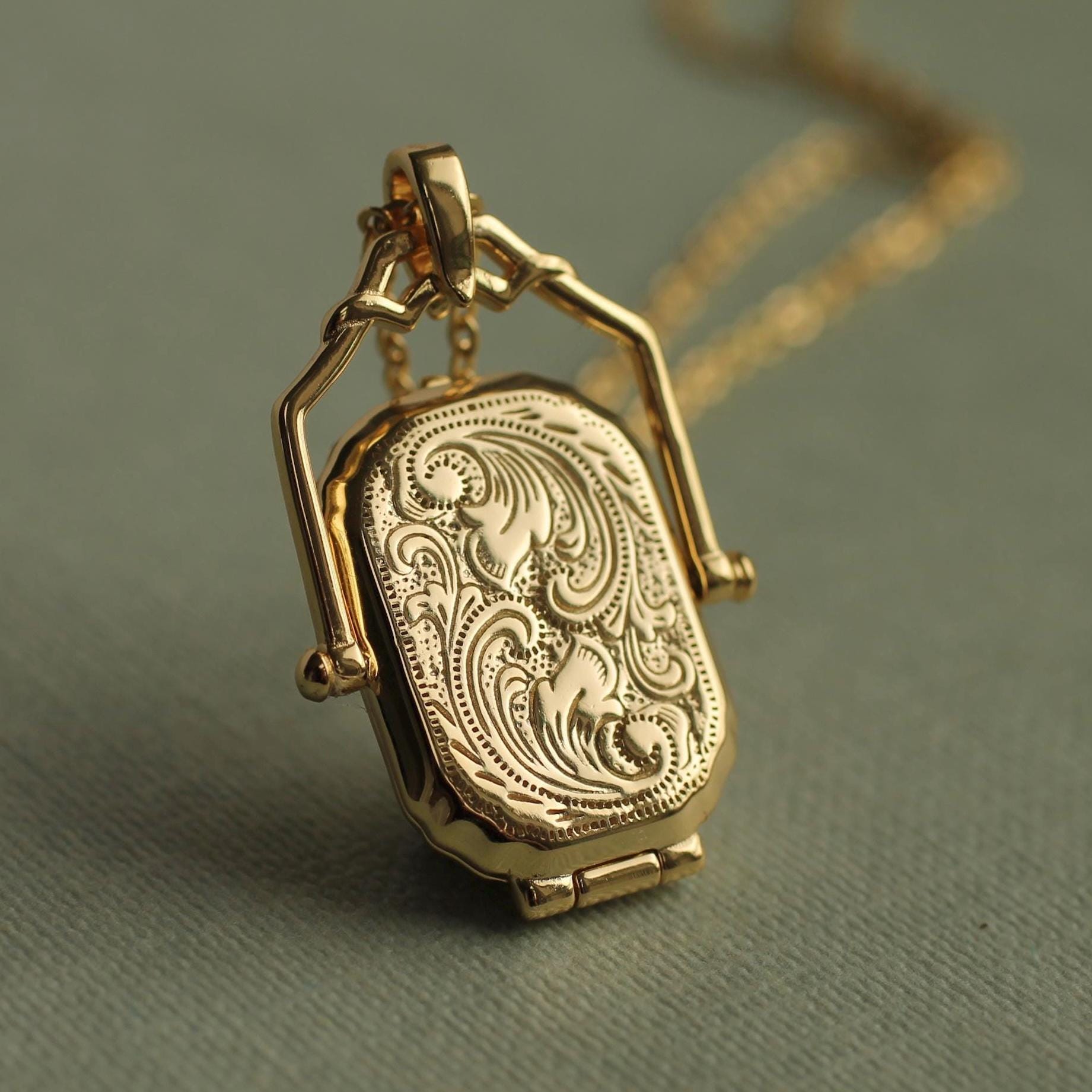 Gold Antique Locket Necklace with Photos, Victorian Locket, Edwardian Rectangle Medallion, Personalized In Memoriam Bereavement Gift (LK-12)