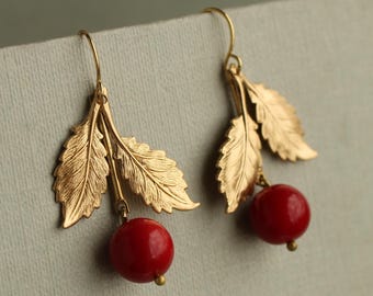 Red Cherry Earrings: Gold Vintage Statement Jewelry