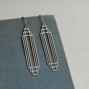 Silver Art Deco Earrings, Minimalist Earrings, Geometric Drop Earrings, Geometric Chrysler Vintage Modern CUT RECTANGLE EAR Silver image 4