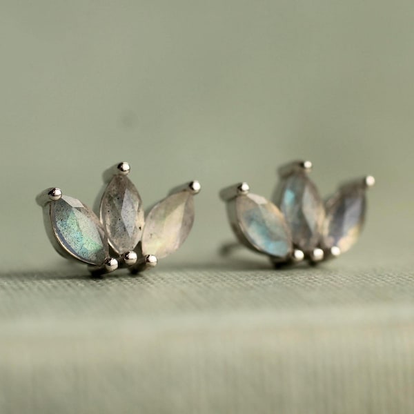 Labradorite Gemstone Stud Earrings: Sterling Silver Leaf Design