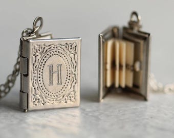 Silver Book Locket Necklace: Literary Book Gift, Personalized Message, LKSP-5