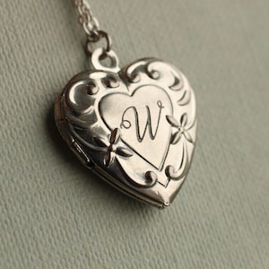 Art Nouveau Heart Locket Necklace: Silver Initial Engraving, Personalized Photo LKSP-6