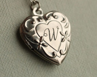 Art Nouveau Heart Locket Necklace: Silver Initial Engraving, Personalized Photo LKSP-6