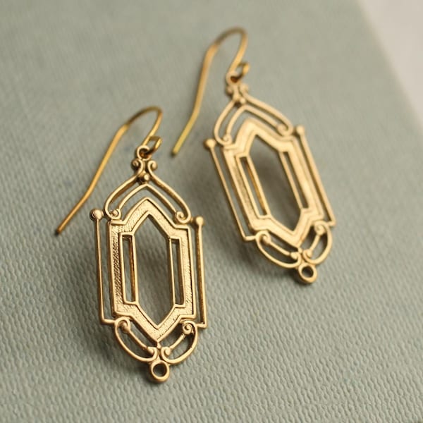 Gold Art Deco Chandelier Earrings: Art Nouveau Architectural Jewelry