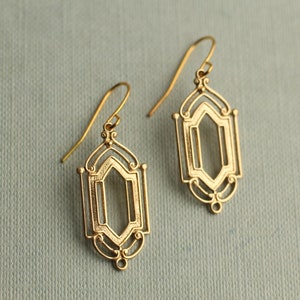 Pendientes Art Déco de oro, pendientes de la década de 1920, pendientes de araña geométricos, pendientes vintage de latón de todos los días, pendientes colgantes de oro, PUERTA DE ORO imagen 4