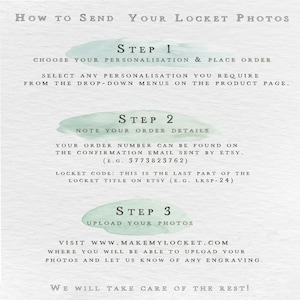 The image is a product page for a service that allows users to send their locket photos. The page provides step-by-step instructions on how to send photos, including choosing a personalisation, placing an order, and sending the order details. It also provides a link to the confirmation email sent by Etsy for the order number. The page emphasizes the importance of taking care of the rest and encourages users to visit the website for further information.