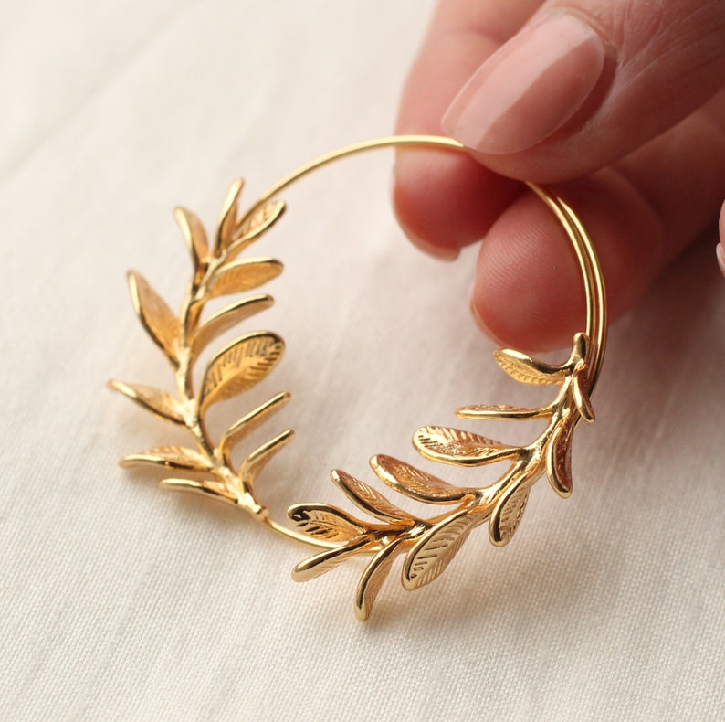 Rosemary Hoop Earrings, Gold Leaf Hoop Earrings, Twig Branch Earrings, Nature Plant Leaf Eearrings, Woodland Earrings, ROSEMARY HOOPS image 4