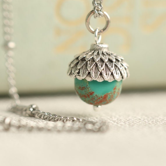 Silver Turquoise Acorn Necklace: Teal Blue Pendant, Jewelry for
