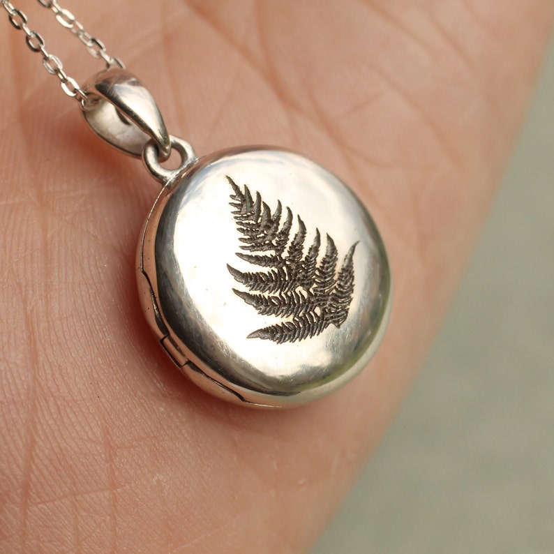 sterling silver personalized locket necklace with fern botanical engraving