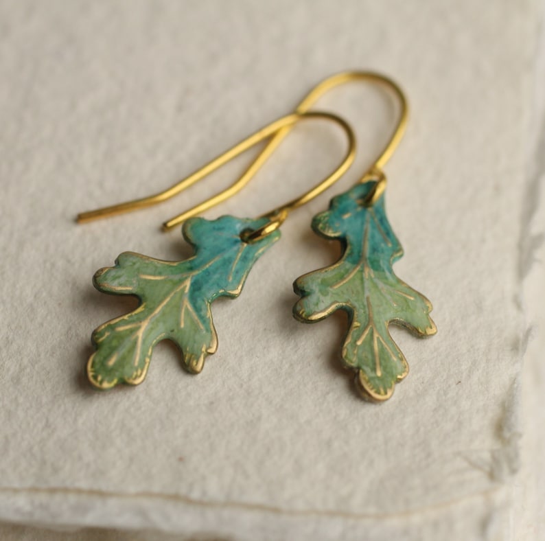 Turquoise Oak Leaf Earrings, Art Nouveau, Arts and Crafts Lily Pad, Green Leaf Earrings, Boho Turquoise Long Earrings, TINY OAK EAR image 1