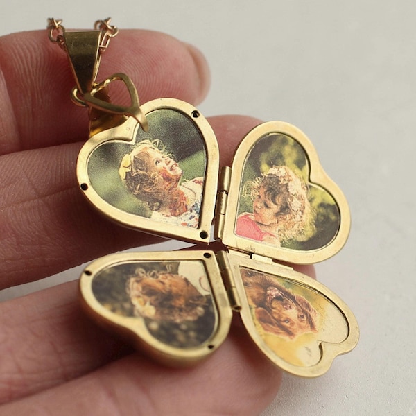 Personalized Gold Heart Photo Locket Necklace: Four-Photo Memorial Keepsake, LKGP-3