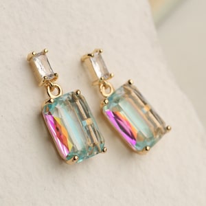 Boucles d'oreilles arc-en-ciel baguette, boucles d'oreilles holographiques des années 1990, boucles d'oreilles licorne, boucles d'oreilles pendantes rectangle baguette DOUBLE ARC-EN-CIEL