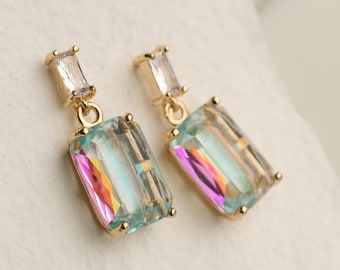 Boucles d'oreilles arc-en-ciel baguette, boucles d'oreilles holographiques des années 1990, boucles d'oreilles licorne, boucles d'oreilles pendantes rectangle baguette DOUBLE ARC-EN-CIEL