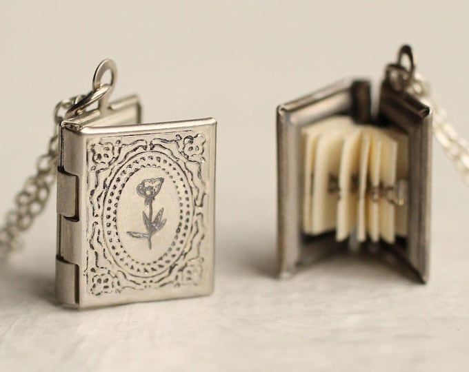 Personalized Silver Book Locket Necklace: Literary Gift with Hidden Message  LKSP-5