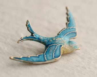 Hand-Enamelled Blue Swallow Brooch: Brass Stamping, Yellow Breast Detail