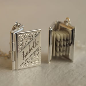 Silver Personalized Book Locket Necklace: Literary Gift with Photos and Hidden Message, LKGP-12