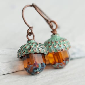 Amber and Green Acorn Earrings: Rustic Gemstone Pendant, Gift for Autumn