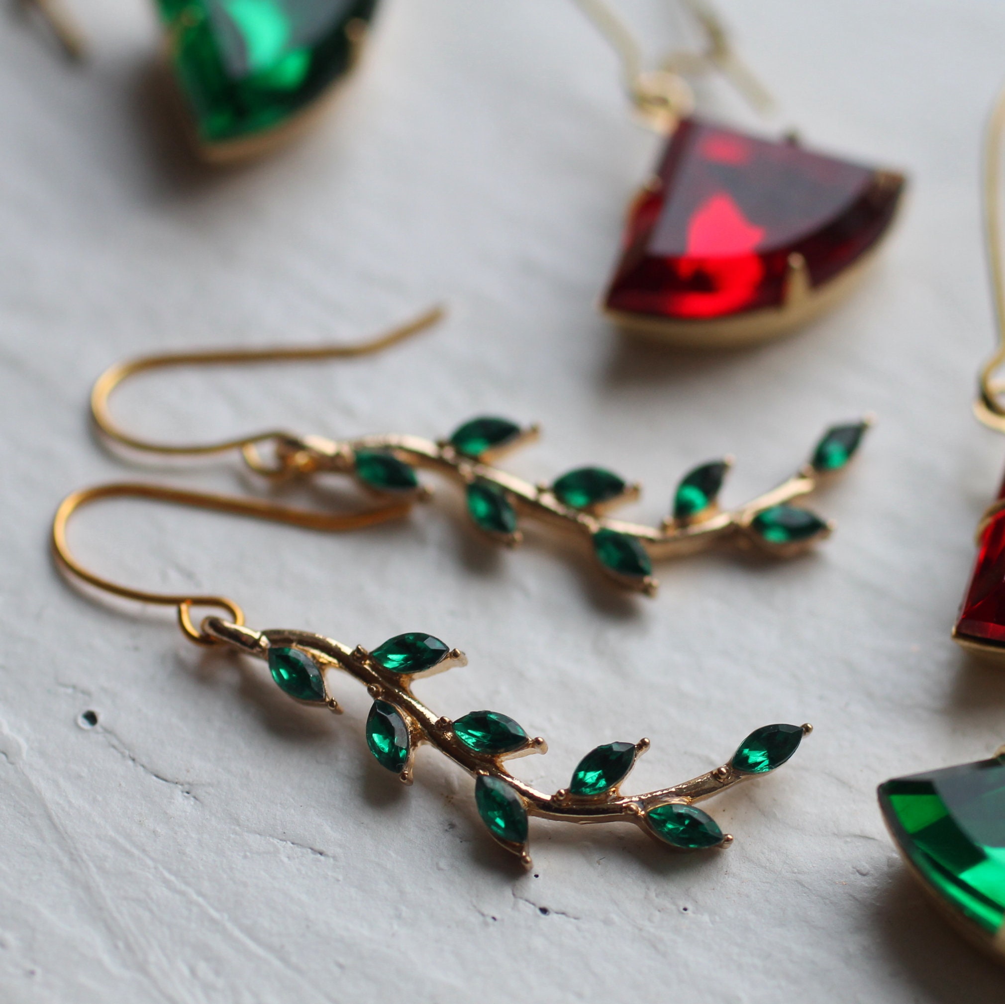 Emerald Green Deco Leaf Earrings, Vintage Branch Earrings, May Births…