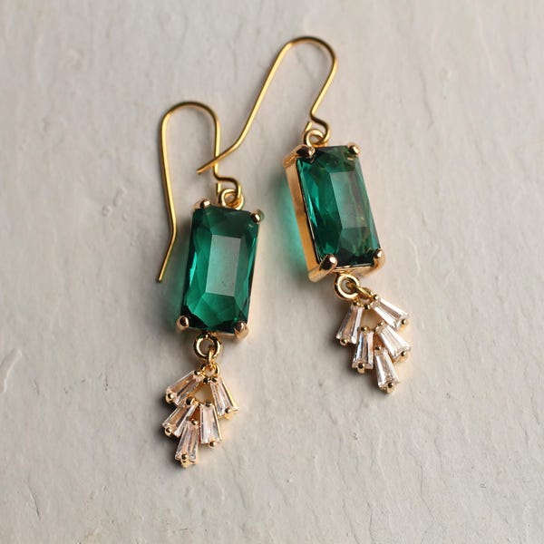 Art Deco Green Emerald Earrings: 1920s Cut Glass Jewel Earrings, Bridesmaid Jewelry