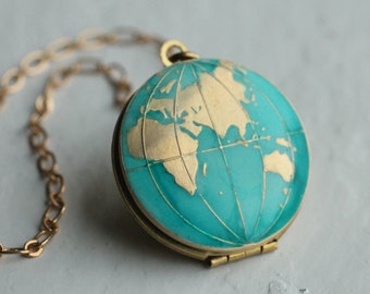 Map Necklace Locket, Personalised Globe Necklace, Planet Earth, Personalized Necklace, Turquoise Locket, Travel Gift, NEW MAP EAST