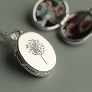Medallón de plata personalizado con forma de diente de león, medallón grabado con fotos, LKSP-28