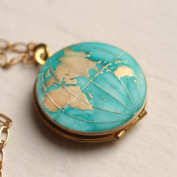 Personalized Globe Map Locket Necklace: Turquoise Enamelled Golden Brass Pendant LKGP-35