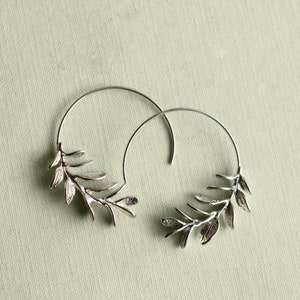 Rosemary Hoop Earrings, Gold Leaf Hoop Earrings, Twig Branch Earrings, Nature Plant Leaf Eearrings, Woodland Earrings, ROSEMARY HOOPS Silver Plated