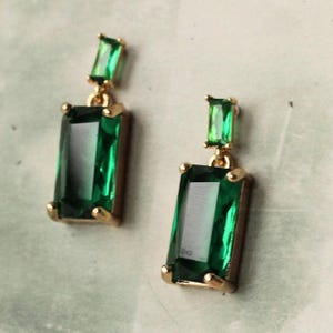 Baguette Emerald Green Drop Earrings: 1920s Art Deco Style Party Jewelry image 7