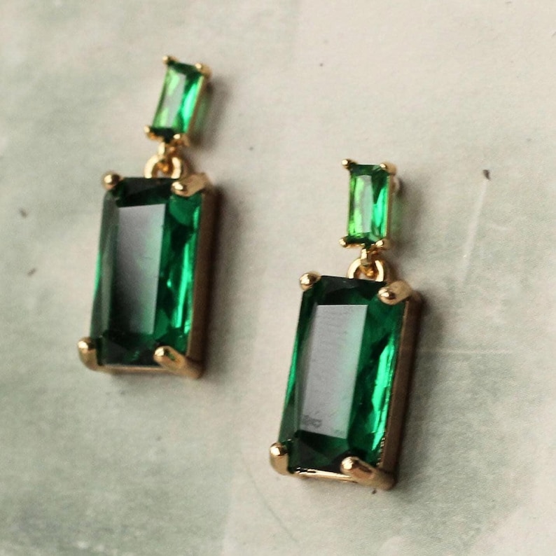 Baguette Emerald Green Drop Earrings: 1920s Art Deco Style Party Jewelry image 7