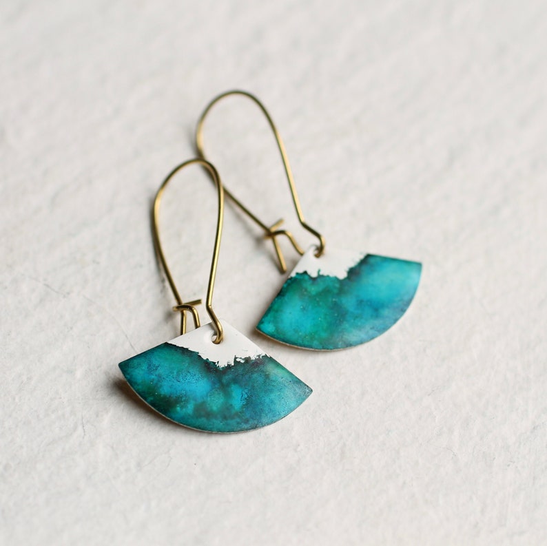 Scottish Seascape Earrings, Turquoise Navy Earrings, Sea Green, Handmade, Ocean Blue, Scallop, Fan, Handmade Gift, TEAL SEASCAPE FAN image 1