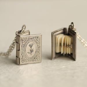 Silver Book Locket Necklace, Personalized Poppy Necklace, Birth Flower Locket with Photos, Victorian Book Locket, Book Gift Idea LKSP-5