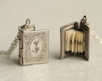 Silver Book Locket Necklace, Personalized Poppy Necklace, Birth Flower Locket with Photos, Victorian Book Locket, Book Gift Idea LKSP-5