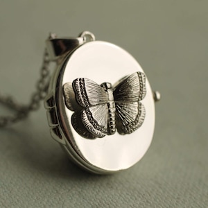 Silver Butterfly Locket Necklace with Photos: Personalized Moth Locket, LKSP-305