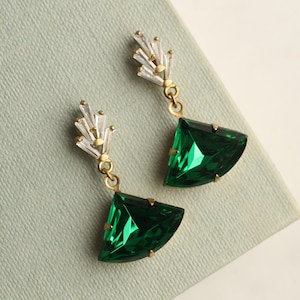 Art Deco Emerald Earrings, Art Nouveau, Baguette Rectangle Emerald Green Diamond Drop Earrings 1920 Chrysler Vintage EMERALD DECO CCPOST