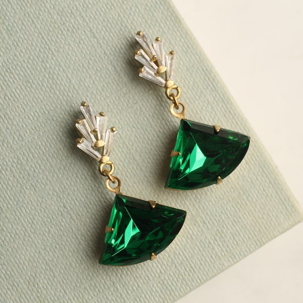Art Deco Emerald Earrings, Art Nouveau, Baguette Rectangle Emerald Green Diamond Drop Earrings 1920 Chrysler Vintage EMERALD DECO CCPOST