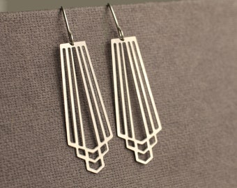 Silver Art Deco Earrings, Minimalist Earrings, Geometric Drop Earrings, Geometric Chrysler Vintage Modern CUTOUT CHRYSLER EAR Silver