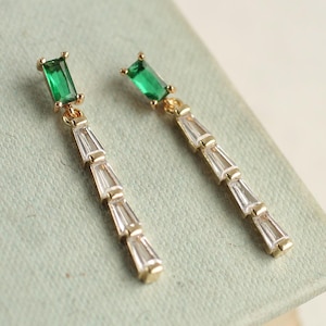 Art Deco Emerald Earrings, Art Nouveau, Baguette Rectangle, Jade Green, Emerald Green Diamond Drop Earrings 1920s Gatsby, EM BAGUETTE & ROW