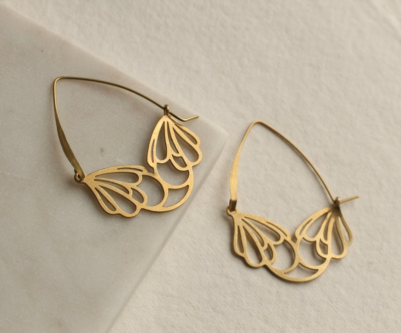 Gold Flower Hoop Earrings, Art Nouveau Bohemian Gold Chandeliers, Statement Gold Earrings, Medium Mid Size Hoop Earrings, FLOWER HOOPS image 5