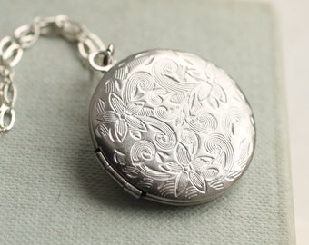 Collar de medallón de flores de plata, brocado victoriano antiguo grabado personalizado foto medallón joyería de hoja botánica, MEDALLÓN DE FLORES DE PLATA