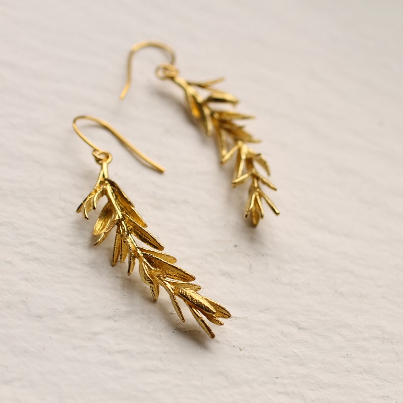 Rosemary Leaf Earrings, Gold Leaf Earrings, Twig Branch Earrings, Nature Plant Leaf Eearrings, Meadow Wildflower Earrings, ROSEMARY EARRINGS image 6