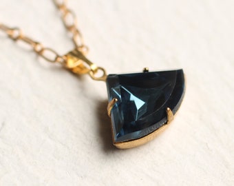 Navy Blue Art Deco Pendant, Sapphire Jewel Fan Necklace. Sapphire September Birthstone, Matching Necklace Earrings DECO NAVY NECKLACE