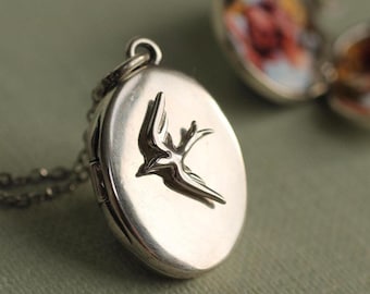 Sterling Silver Swallow Bird Locket Necklace: Personalized Photo Engraved Gift, LKSP-111