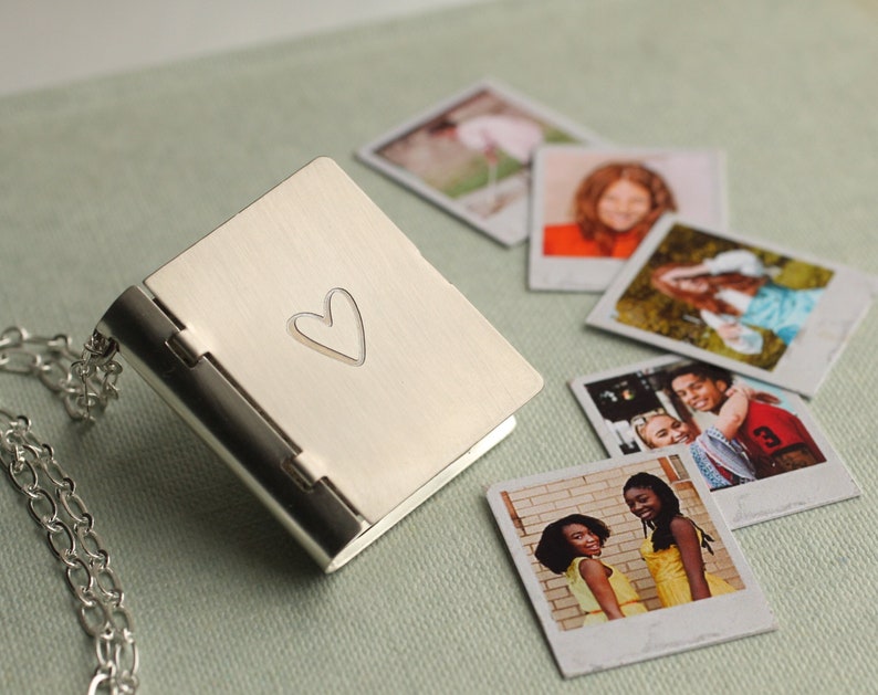 Silver Locket with Pictures, Photo Locket, Polaroid Wedding Album Photo Gift, Paper Anniversary, Wedding Photo Gift, SILVER POLAROID SYMBOL image 1