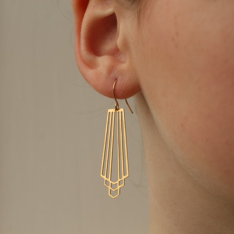 Gold Art Deco Earrings, Minimalist Gold Earrings, Gold Geometric Drop Earrings, Geometric Chrysler Vintage Modern CUTOUT CHRYSLER EAR Gold image 2