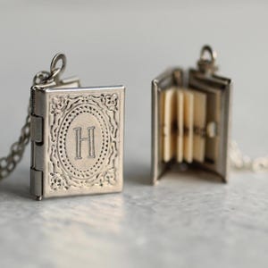 Silver Book Locket Necklace: Literary Book Gift, Personalized Message, LKSP-5