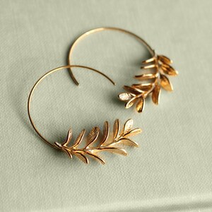 Rosemary Hoop Earrings, Gold Leaf Hoop Earrings, Twig Branch Earrings, Nature Plant Leaf Eearrings, Woodland Earrings, ROSEMARY HOOPS zdjęcie 5