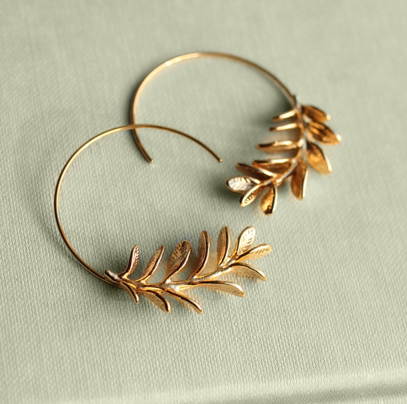 Rosemary Hoop Earrings, Gold Leaf Hoop Earrings, Twig Branch Earrings, Nature Plant Leaf Eearrings, Woodland Earrings, ROSEMARY HOOPS zdjęcie 5