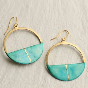 Turquoise Blue Hoop Earrings, Aqua Statement Earrings, Real Gold Leaf, Sea Green Ocean, Kintsugi Gift Idea, TURQ KINTSUGI HOOP image 3