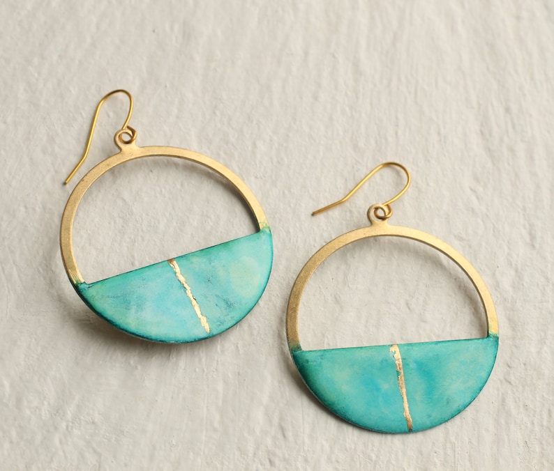 Turquoise Blue Hoop Earrings, Aqua Statement Earrings, Real Gold Leaf, Sea Green Ocean, Kintsugi Gift Idea, TURQ KINTSUGI HOOP image 3