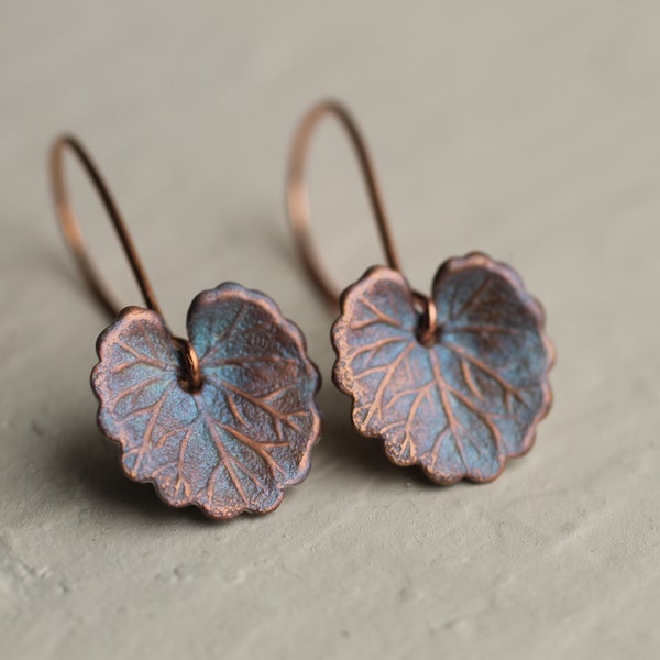 Autumn Copper Leaf Earrings, Art Nouveau, Arts and Crafts Lily Pad, Opal Leaf Earrings, Boho Lilac Long Earrings, ULTRAVIOLET LEAF EAR